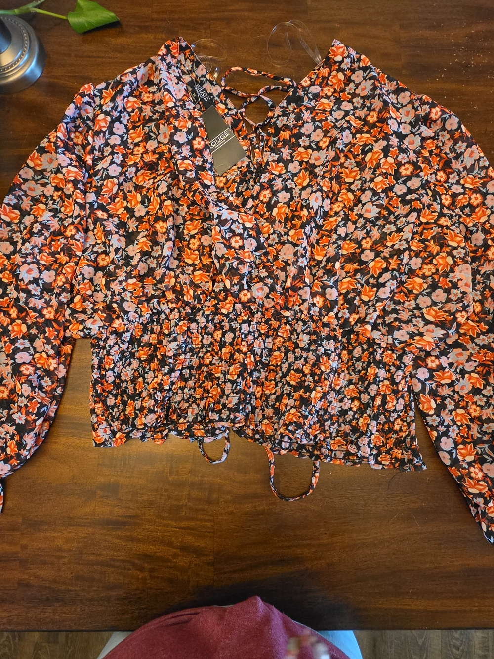 Rouge Collection Orange & Black Floral Smocked Long Sleeve Crop Blouse Top 3X